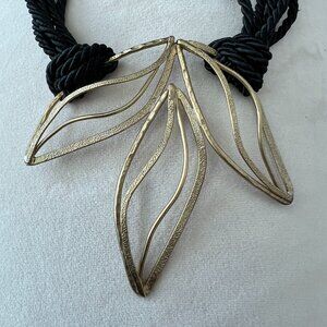 Gold Leaf Pendant Necklace on Black Multi-Cord Rope — Modern Art Deco Style